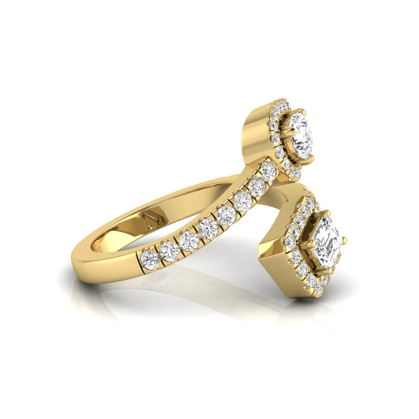yellow gold Open bypass lab grown diamond wrap ring featuring pear cut and emerald cut diamonds surrounded by halo accents with a pavé diamond band.