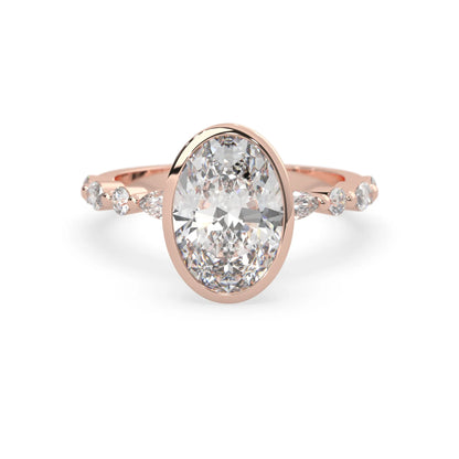 Oval bezel set lab grown diamond pave engagement ring with 3.50 carat center diamond in rose gold