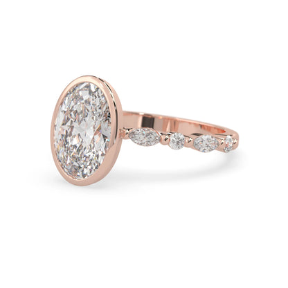 Oval bezel set lab grown diamond pave engagement ring with 3.50 carat center diamond in rose gold