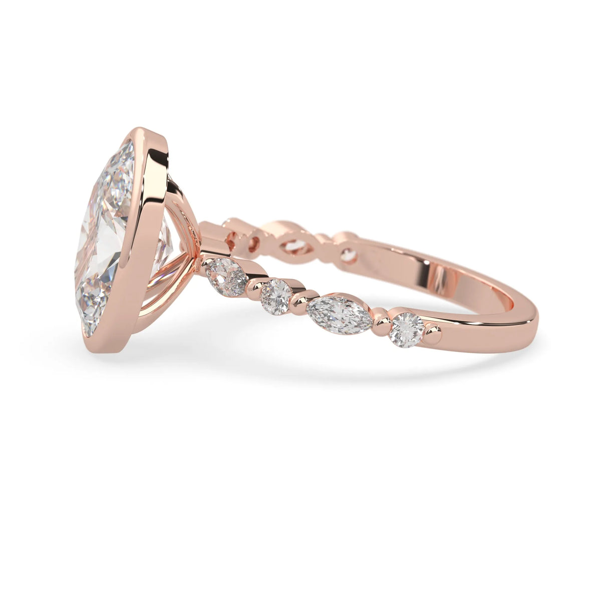 Oval bezel set lab grown diamond pave engagement ring with 3.50 carat center diamond in rose gold