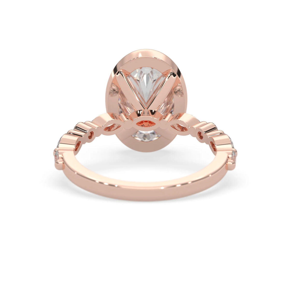 Oval bezel set lab grown diamond pave engagement ring with 3.50 carat center diamond in rose gold