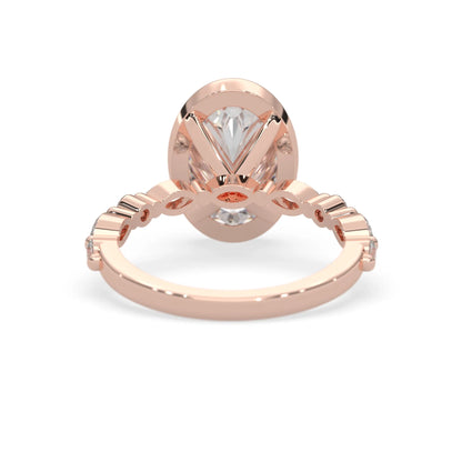 Oval bezel set lab grown diamond pave engagement ring with 3.50 carat center diamond in rose gold