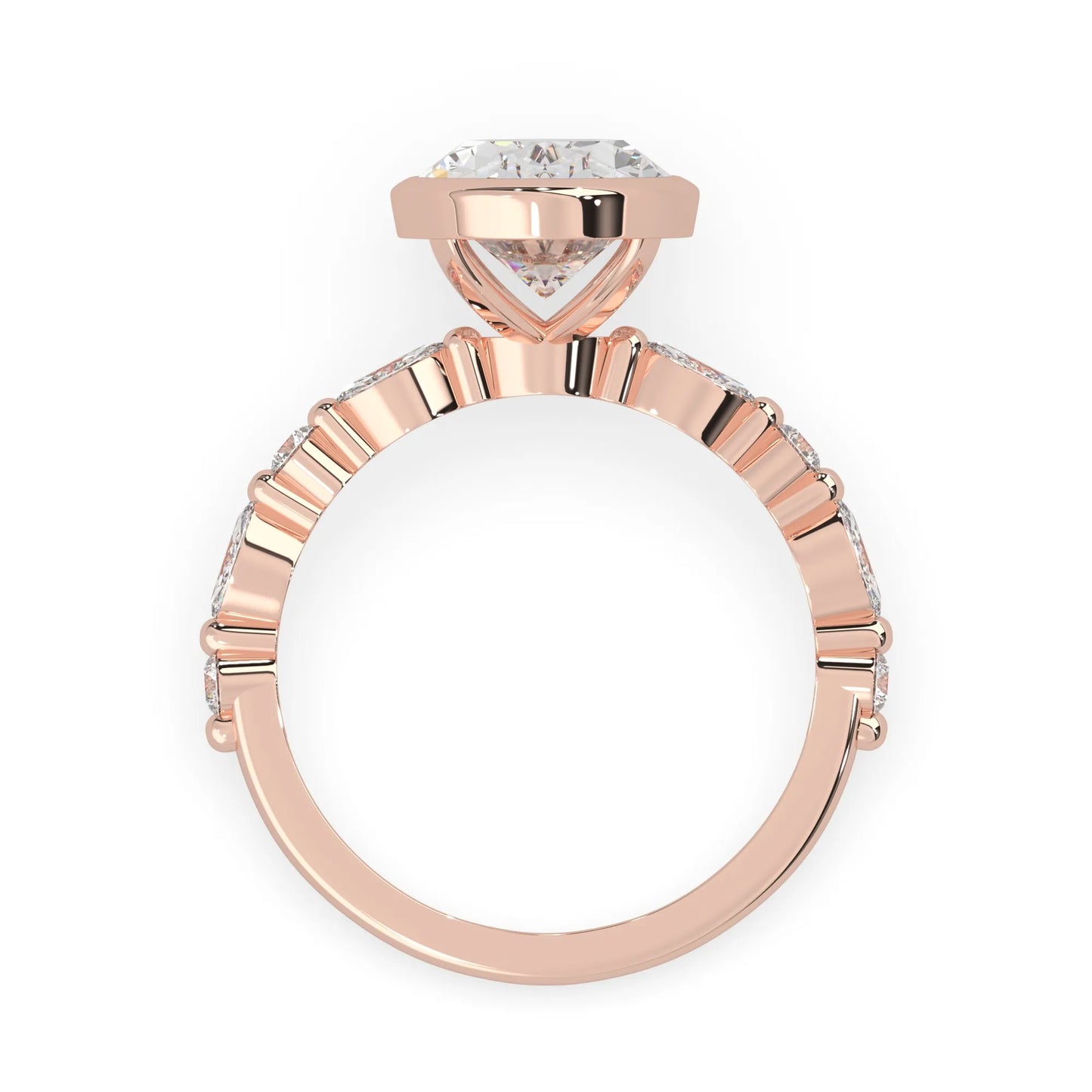 Oval bezel set lab grown diamond pave engagement ring with 3.50 carat center diamond in rose gold