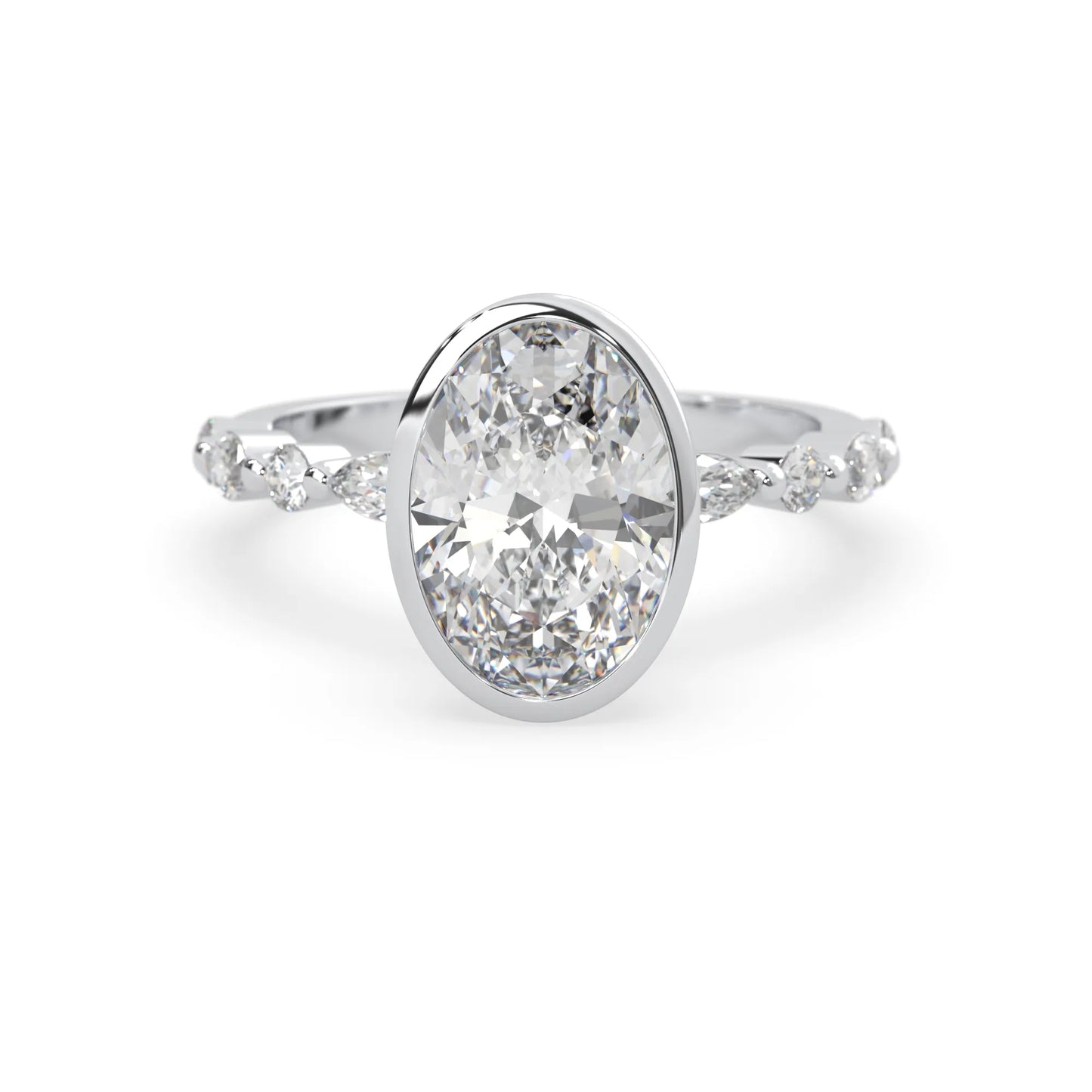 Oval bezel set lab grown diamond pave engagement ring with 3.50 carat center diamond in white gold