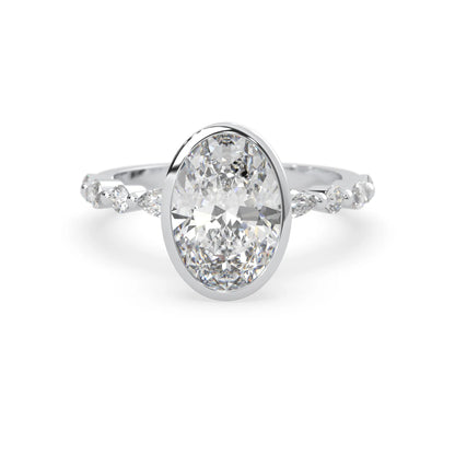 Oval bezel set lab grown diamond pave engagement ring with 3.50 carat center diamond in white gold