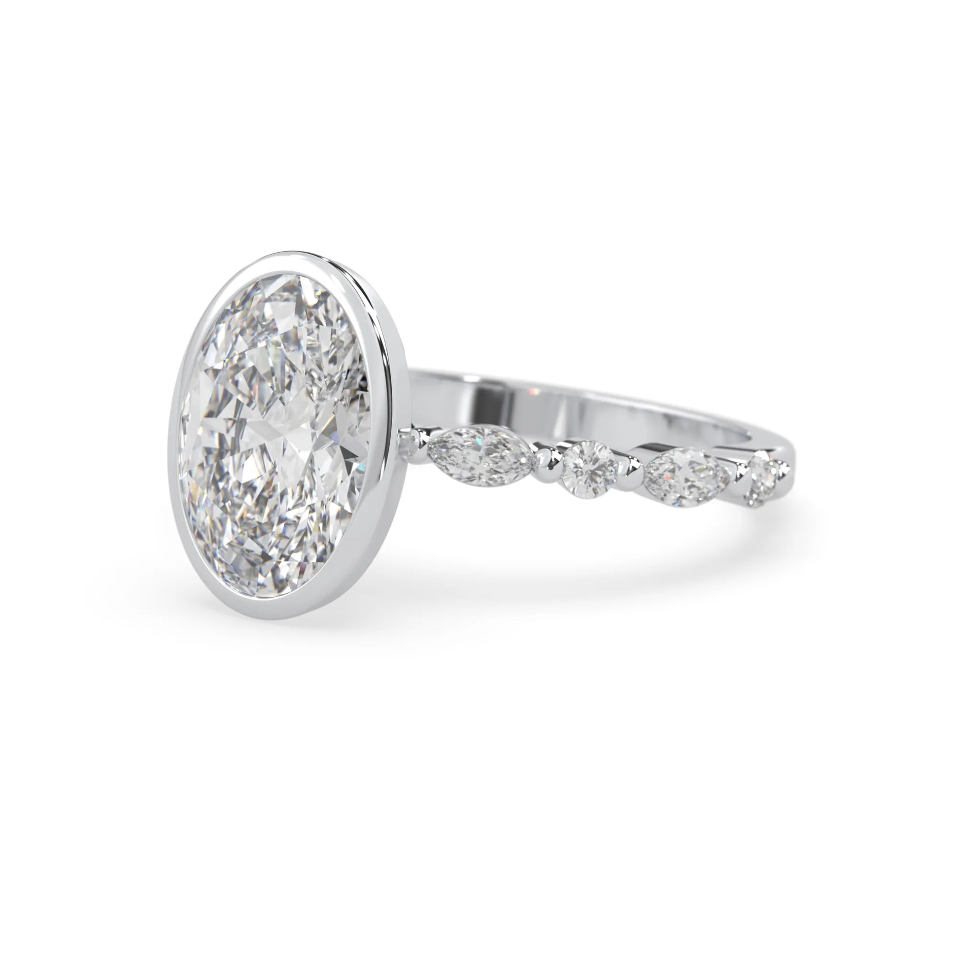 Oval bezel set lab grown diamond pave engagement ring with 3.50 carat center diamond in white gold