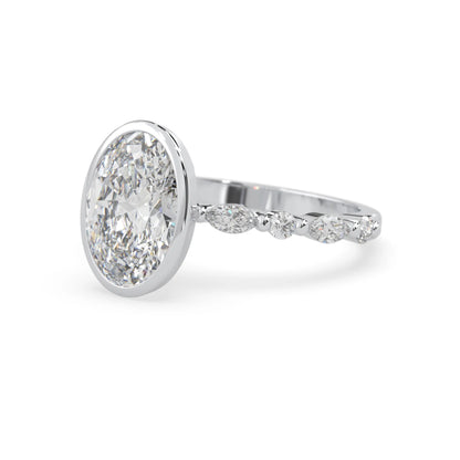 Oval bezel set lab grown diamond pave engagement ring with 3.50 carat center diamond in white gold
