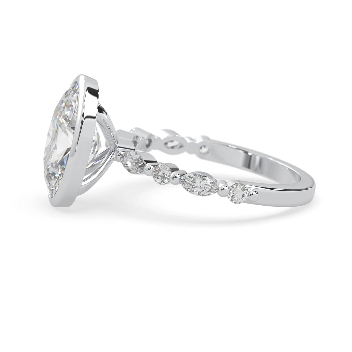 Oval bezel set lab grown diamond pave engagement ring with 3.50 carat center diamond in white gold