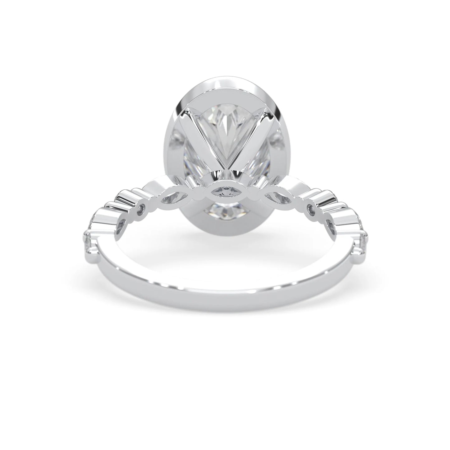 Oval bezel set lab grown diamond pave engagement ring with 3.50 carat center diamond in white gold