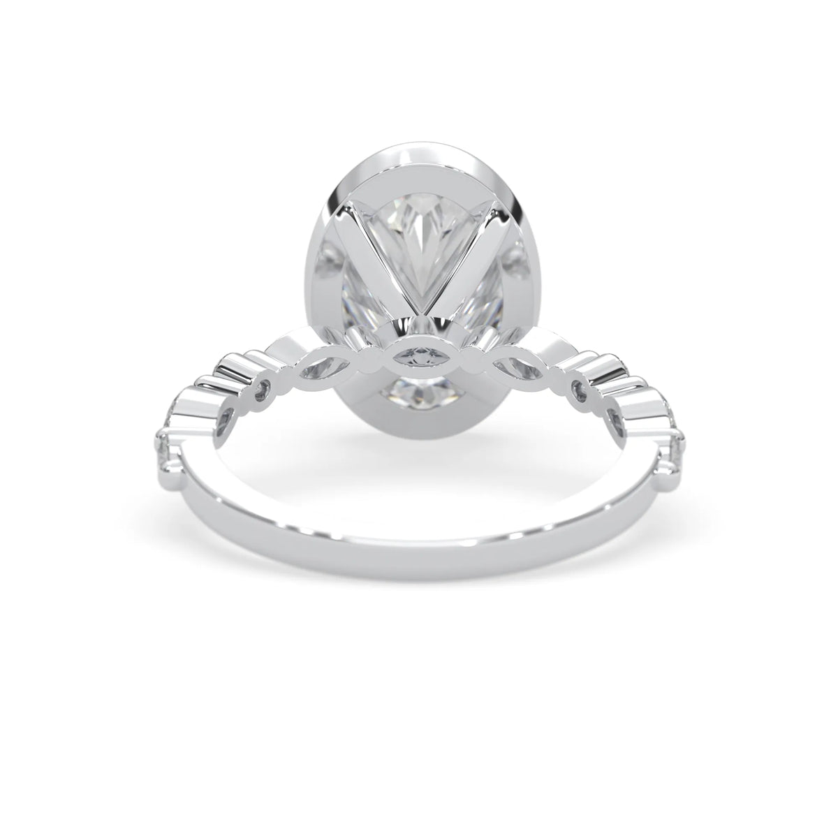 Oval bezel set lab grown diamond pave engagement ring with 3.50 carat center diamond in white gold