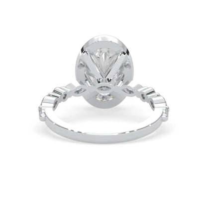 Oval bezel set lab grown diamond pave engagement ring with 3.50 carat center diamond in white gold