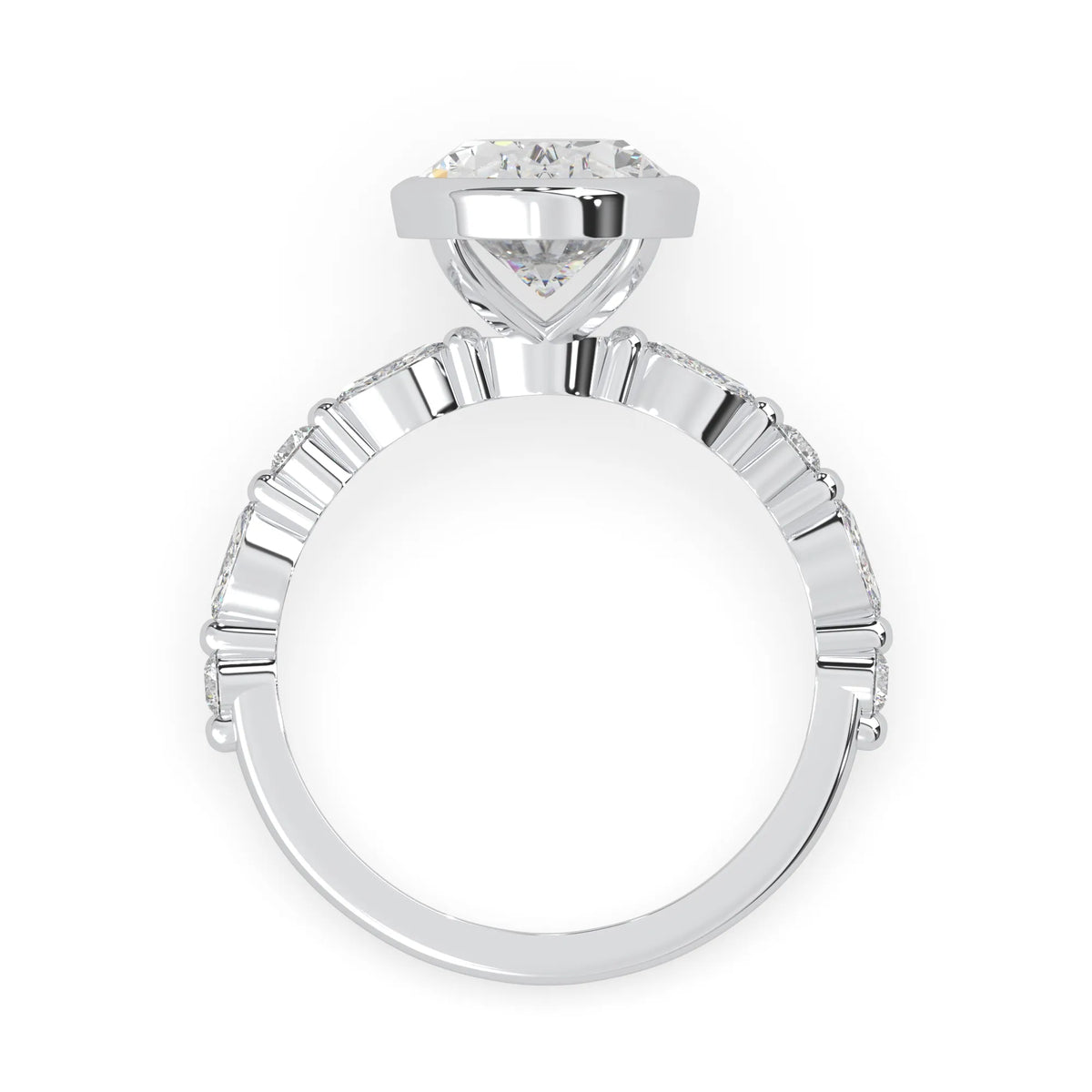 Oval bezel set lab grown diamond pave engagement ring with 3.50 carat center diamond in white gold