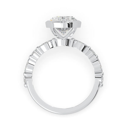 Oval bezel set lab grown diamond pave engagement ring with 3.50 carat center diamond in white gold