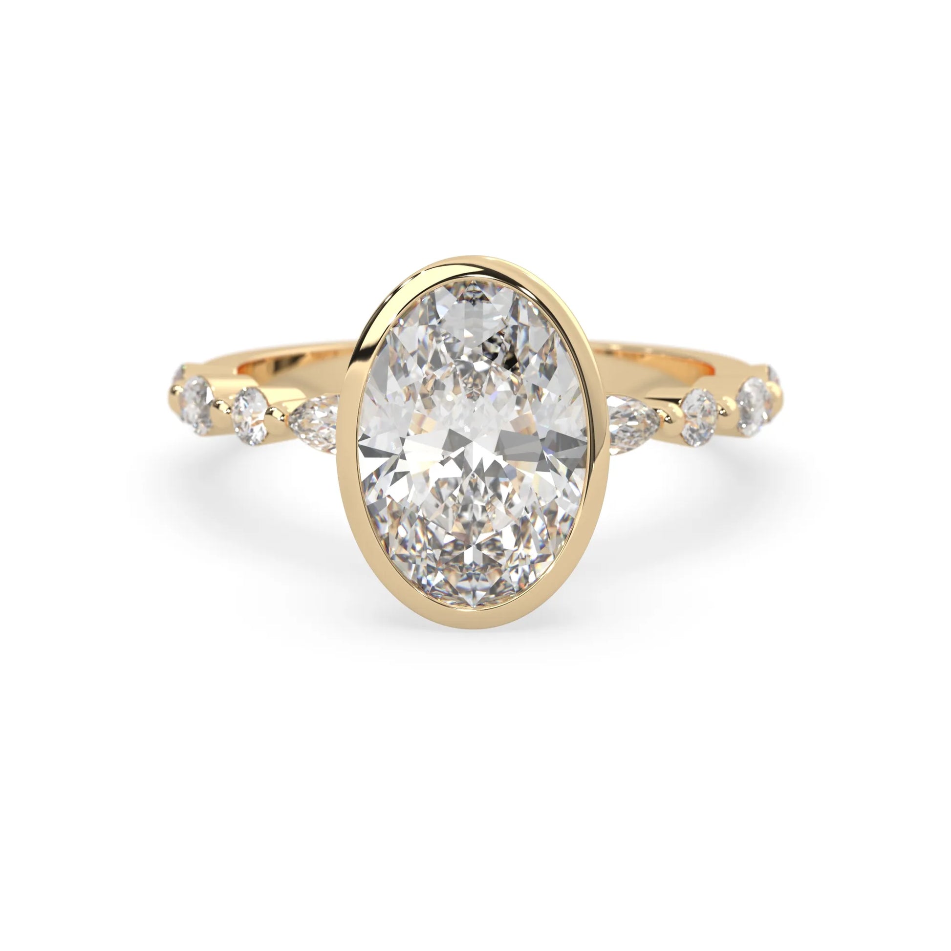 Oval bezel set lab grown diamond pave engagement ring with 3.50 carat center diamond in yellow gold