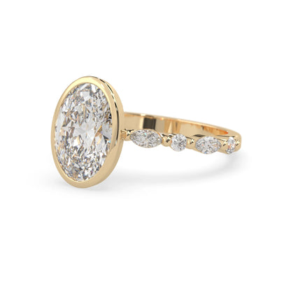 Oval bezel set lab grown diamond pave engagement ring with 3.50 carat center diamond in yellow gold