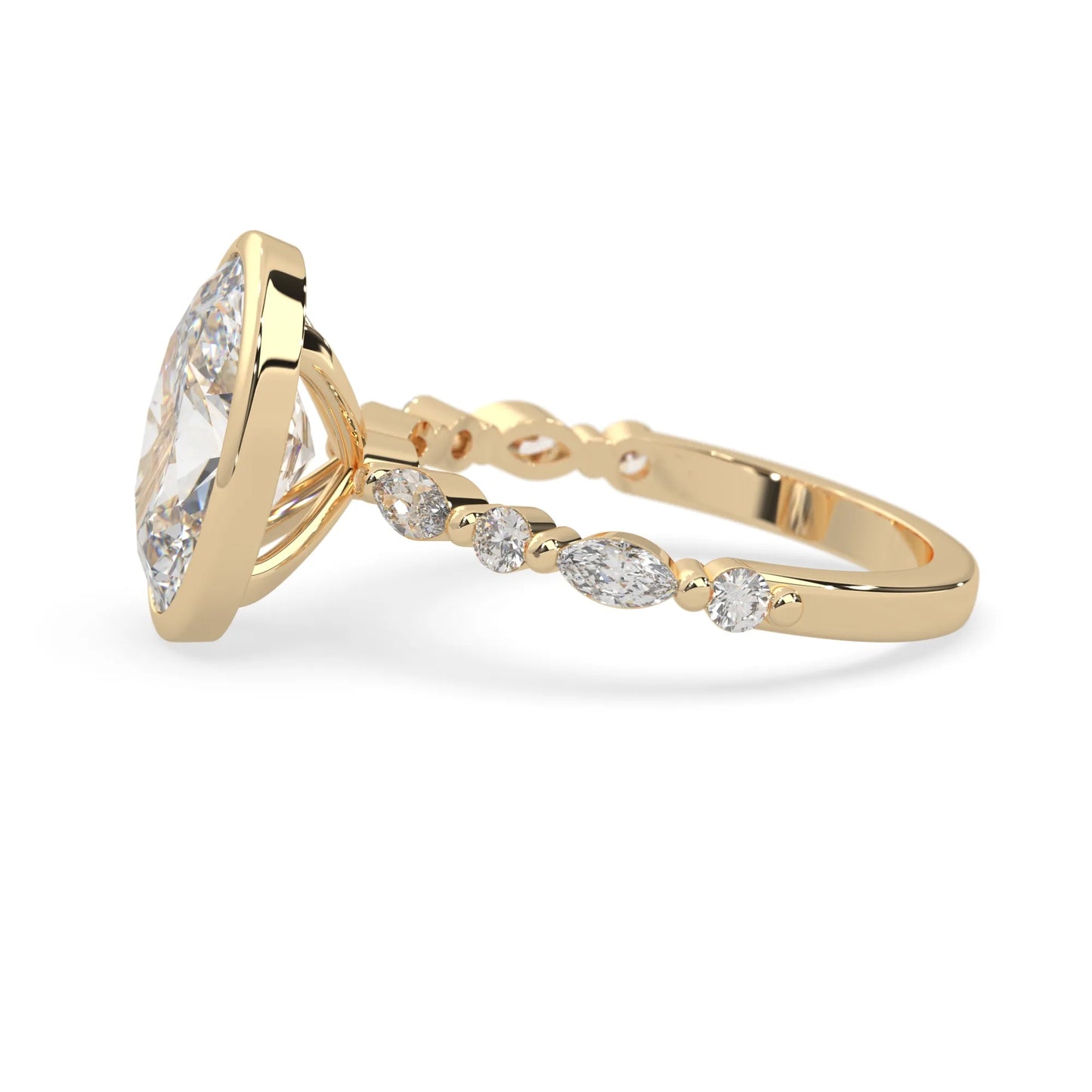 Oval bezel set lab grown diamond pave engagement ring with 3.50 carat center diamond in yellow gold