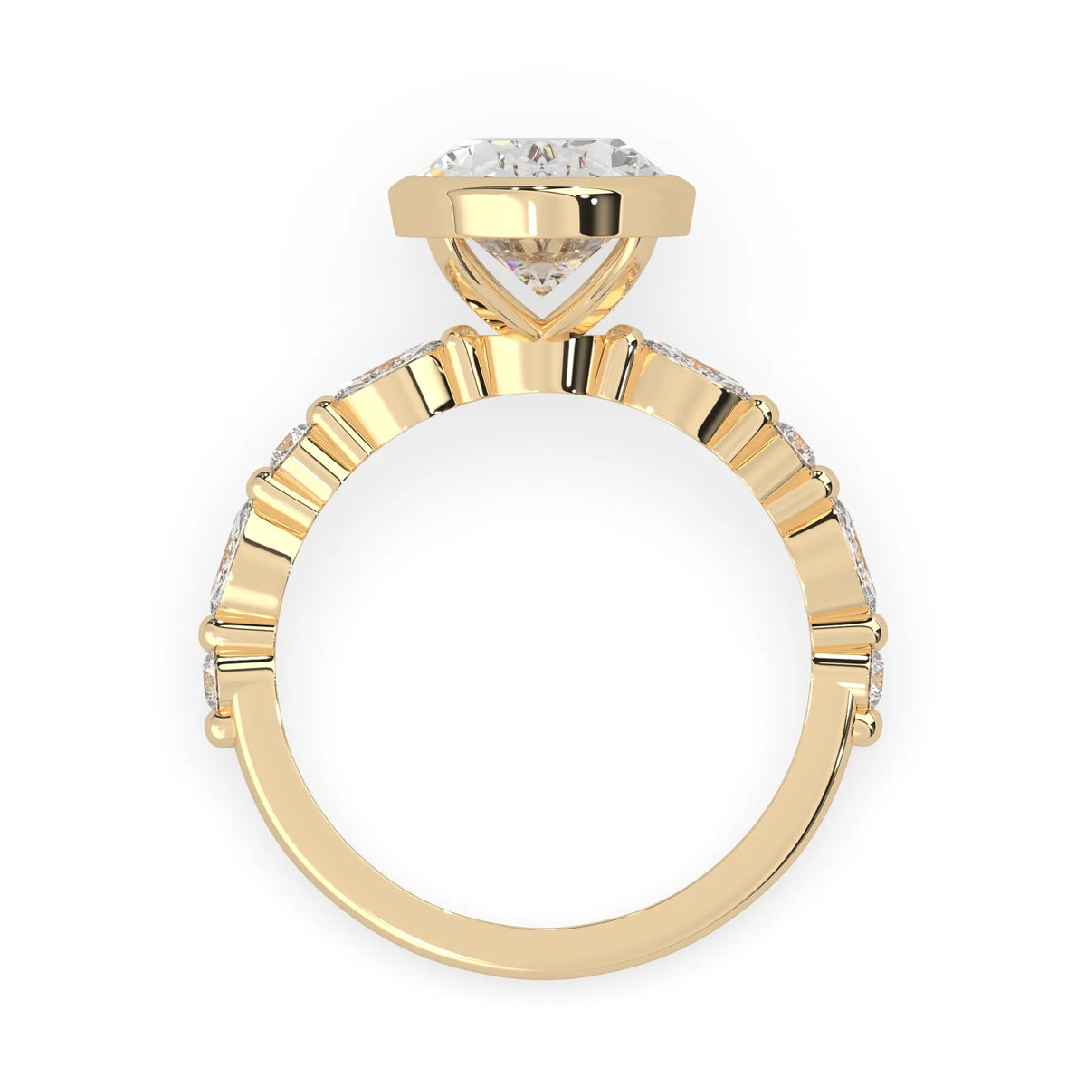 Oval bezel set lab grown diamond pave engagement ring with 3.50 carat center diamond in yellow gold