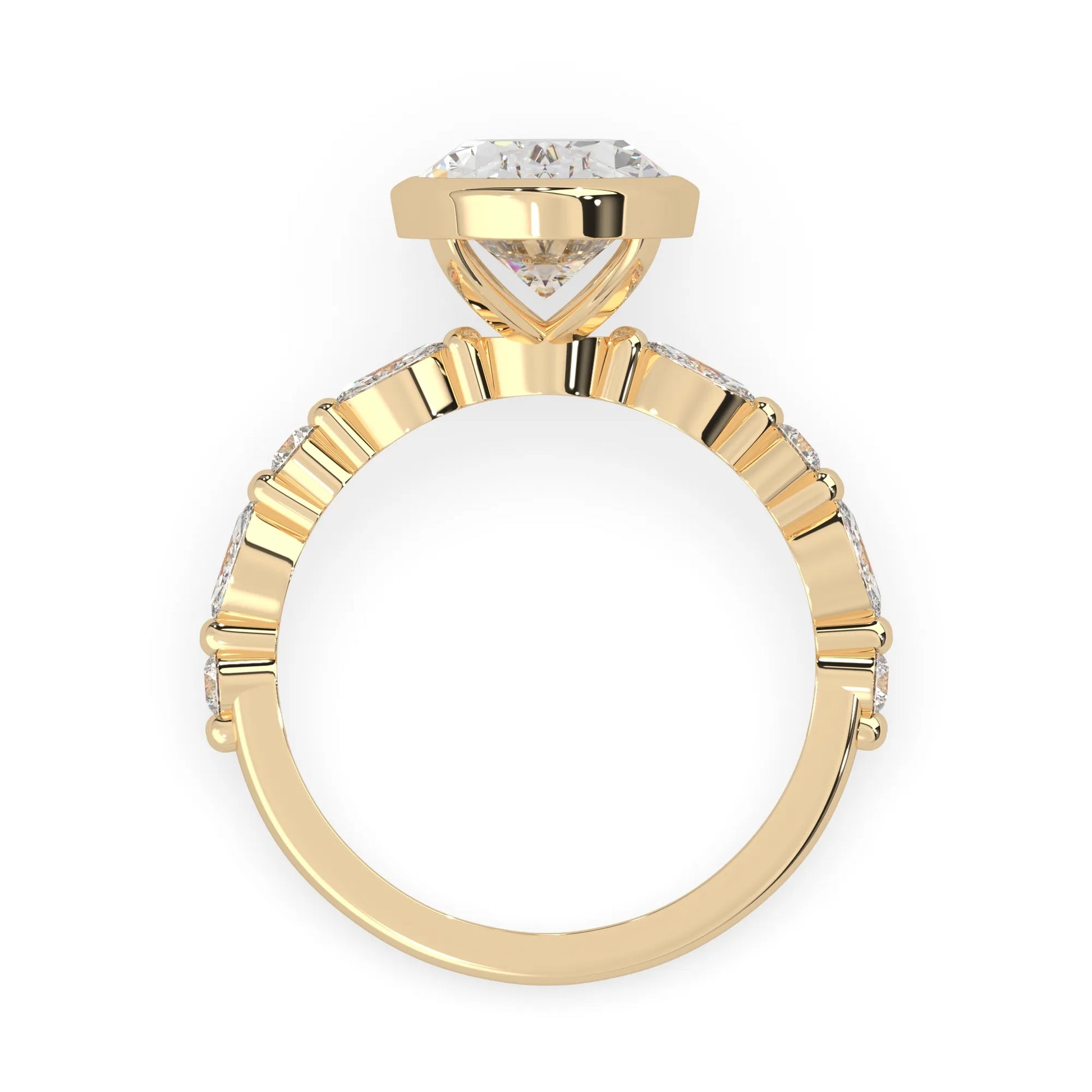 Oval bezel set lab grown diamond pave engagement ring with 3.50 carat center diamond in yellow gold
