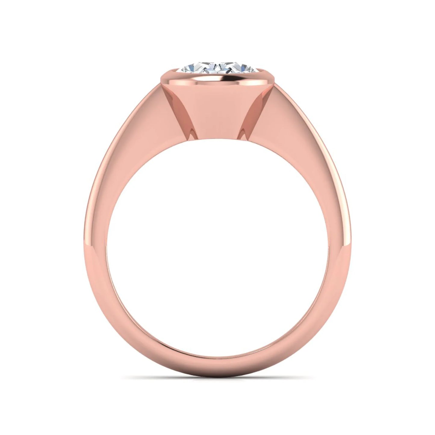 Oval cut lab grown diamond solitaire engagement ring in a bezel setting with a rose gold tone minimalist band.