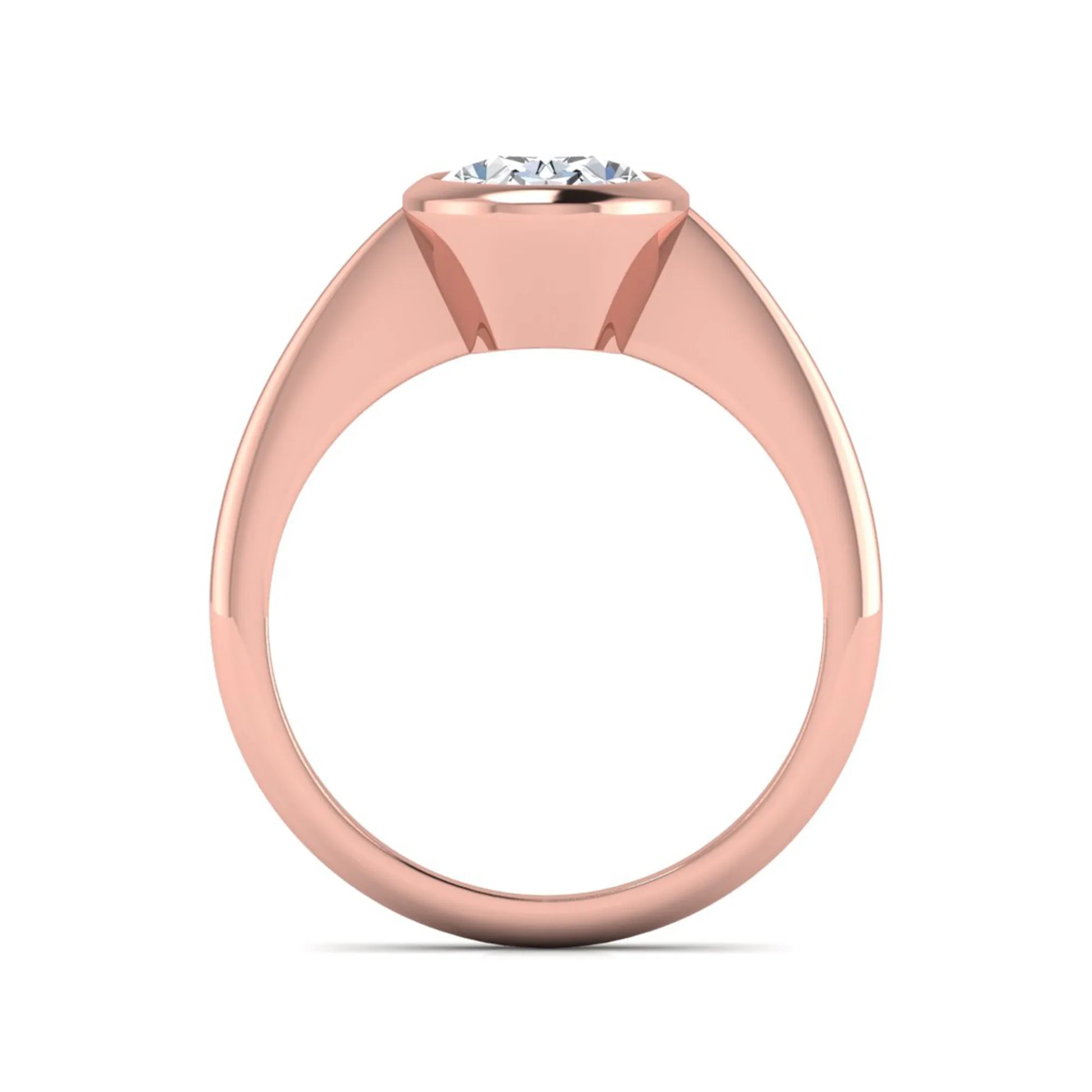 Oval cut lab grown diamond solitaire engagement ring in a bezel setting with a rose gold tone minimalist band.