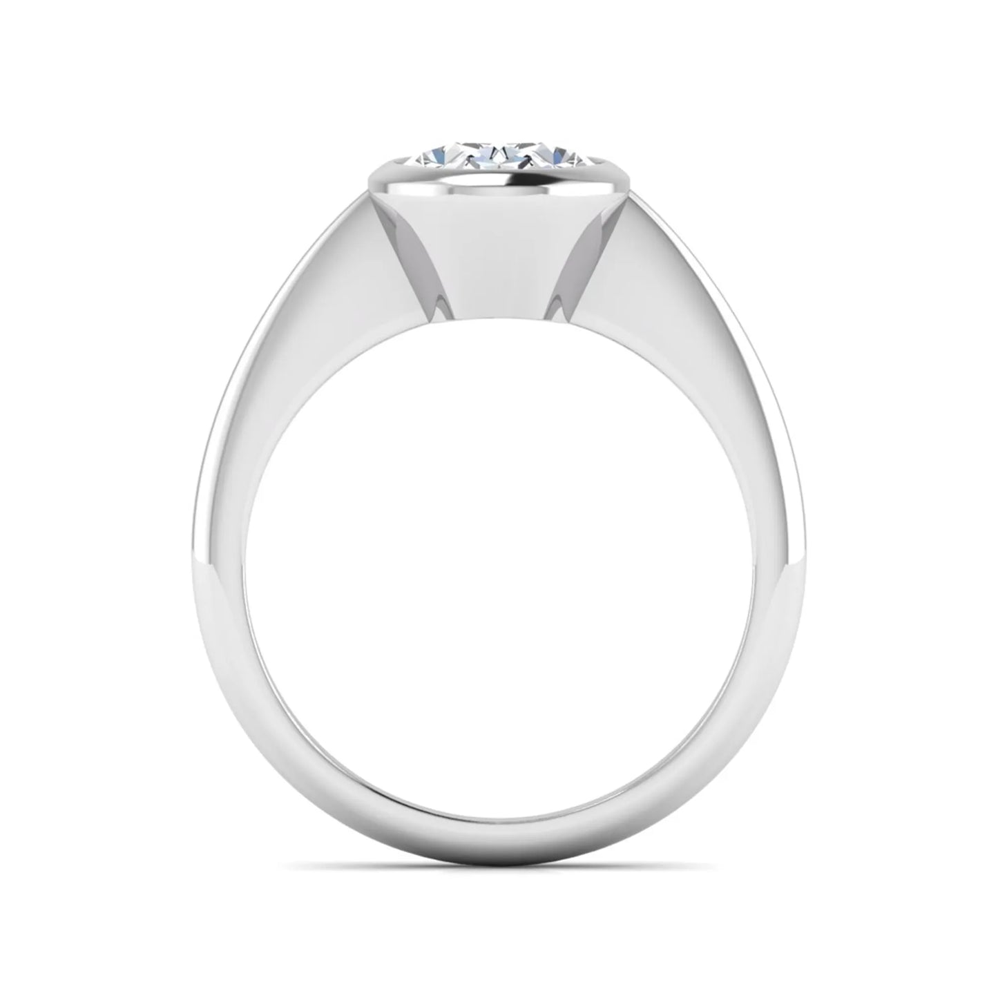 Oval cut lab grown diamond solitaire engagement ring in a bezel setting with a white gold tone minimalist band.