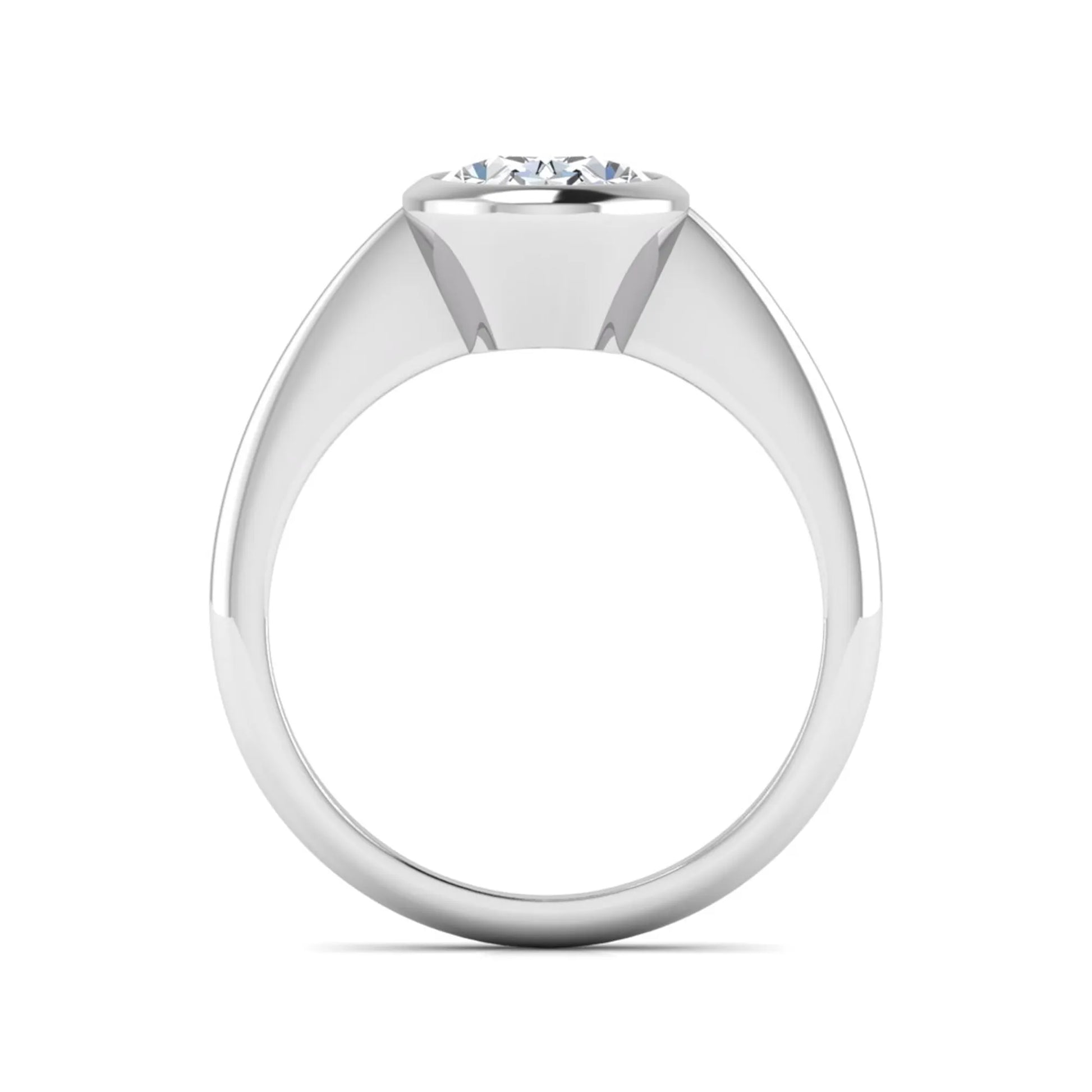 Oval cut lab grown diamond solitaire engagement ring in a bezel setting with a white gold tone minimalist band.