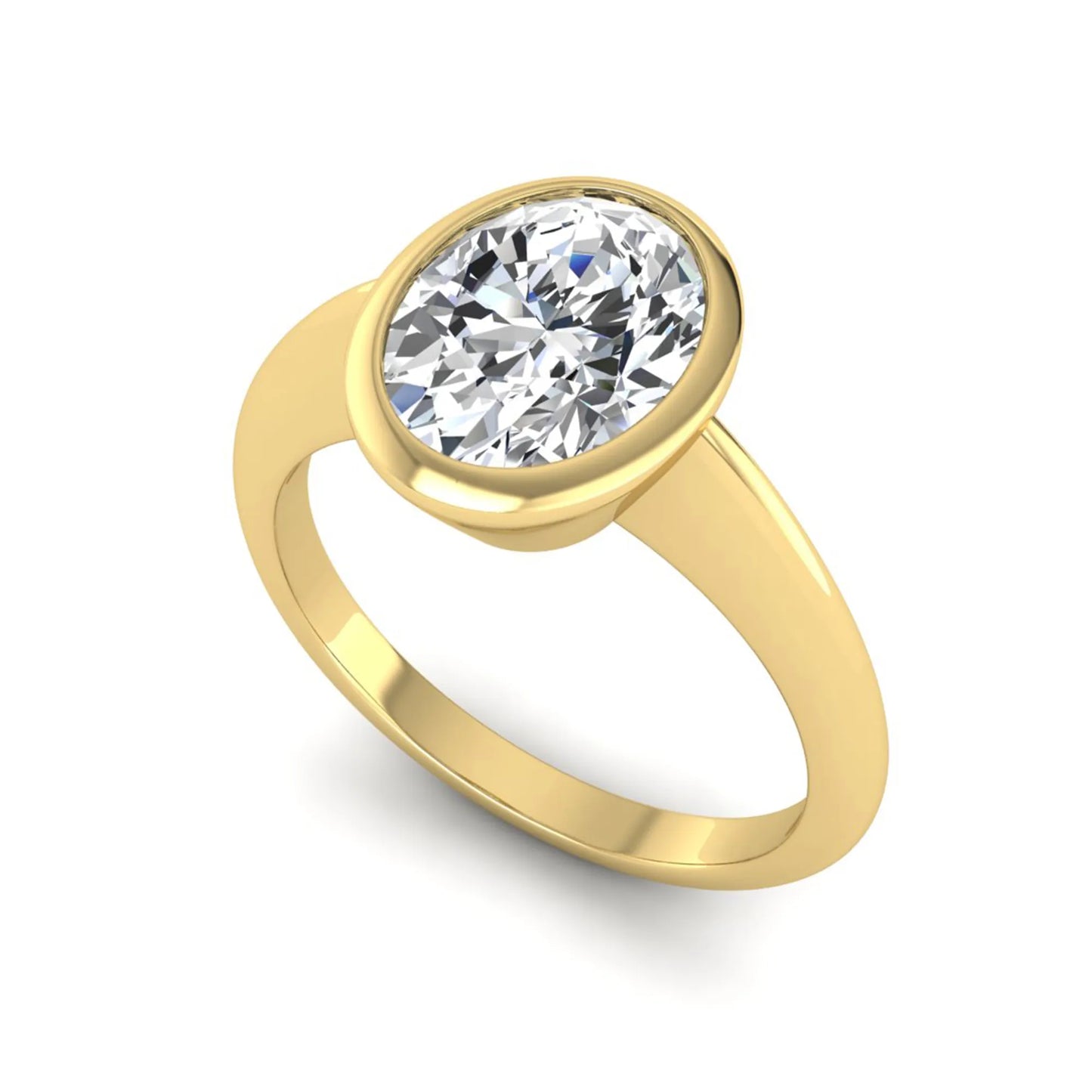 Oval cut lab grown diamond solitaire engagement ring in a bezel setting with a yellow gold tone minimalist band.