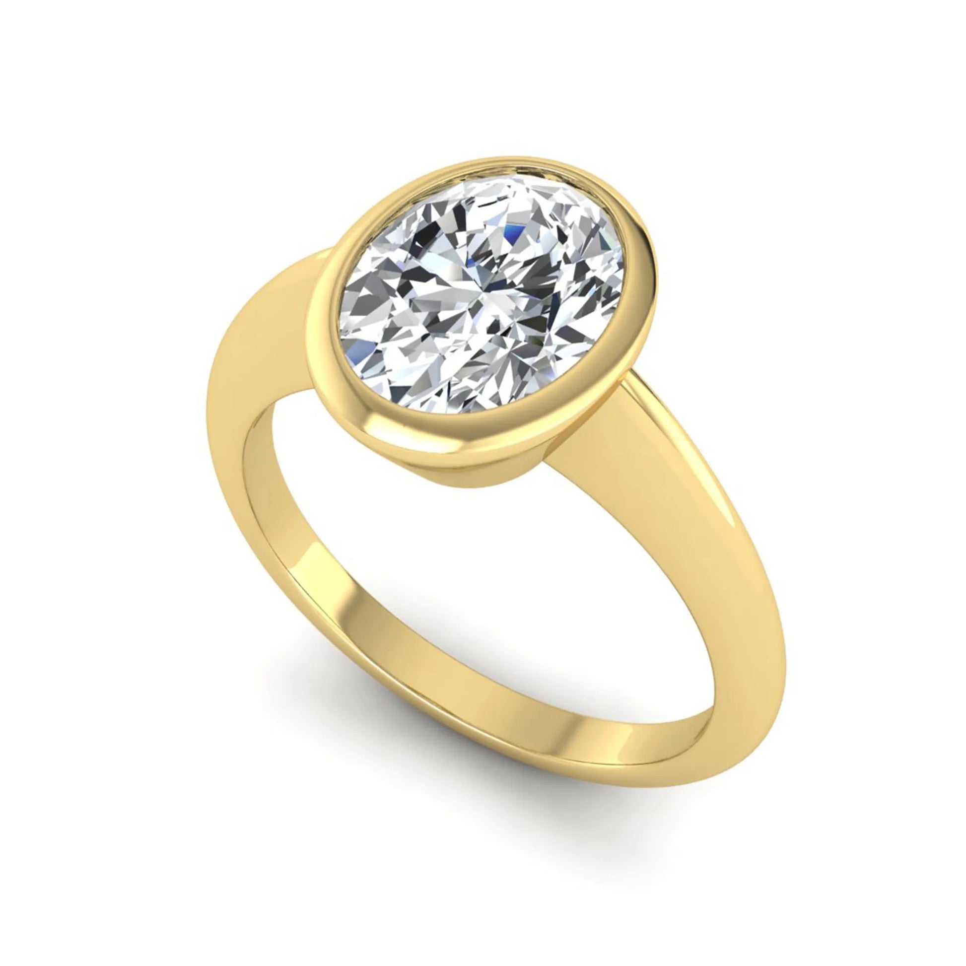 Oval cut lab grown diamond solitaire engagement ring in a bezel setting with a yellow gold tone minimalist band.