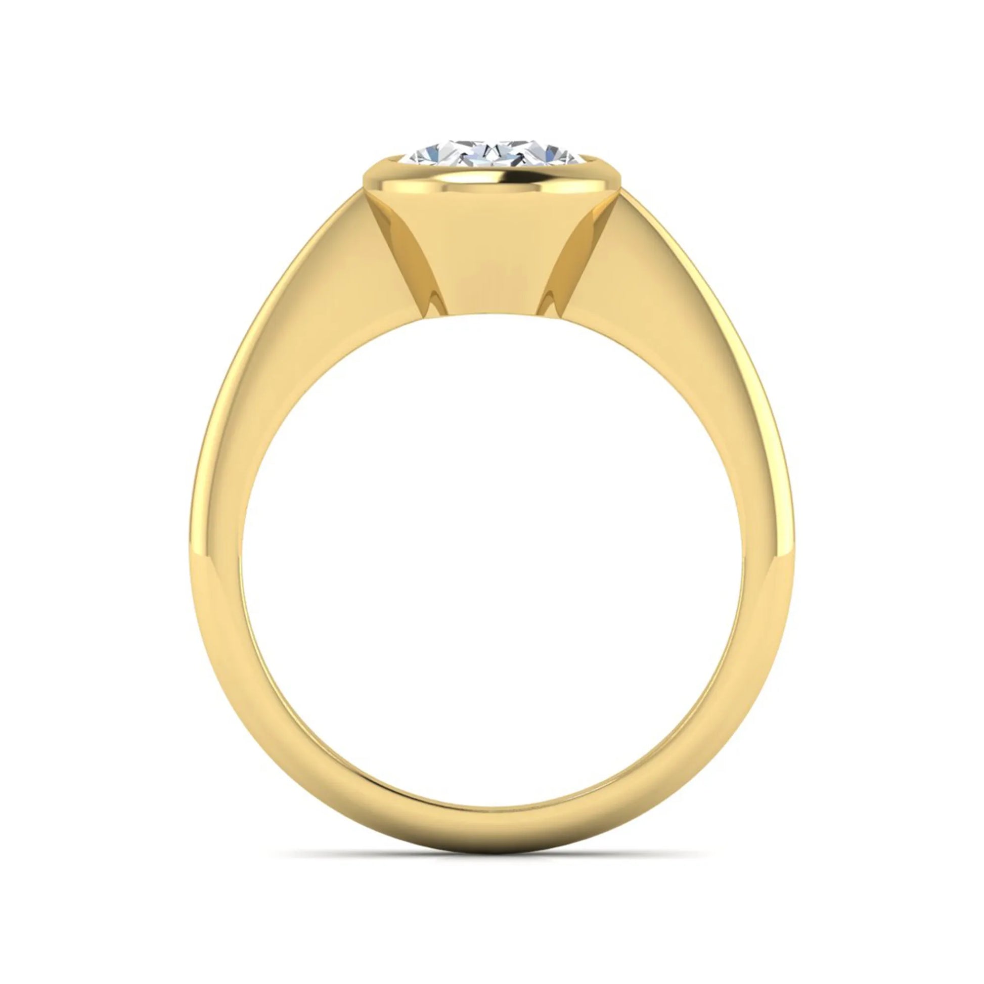 Oval cut lab grown diamond solitaire engagement ring in a bezel setting with a yellow gold tone minimalist band.