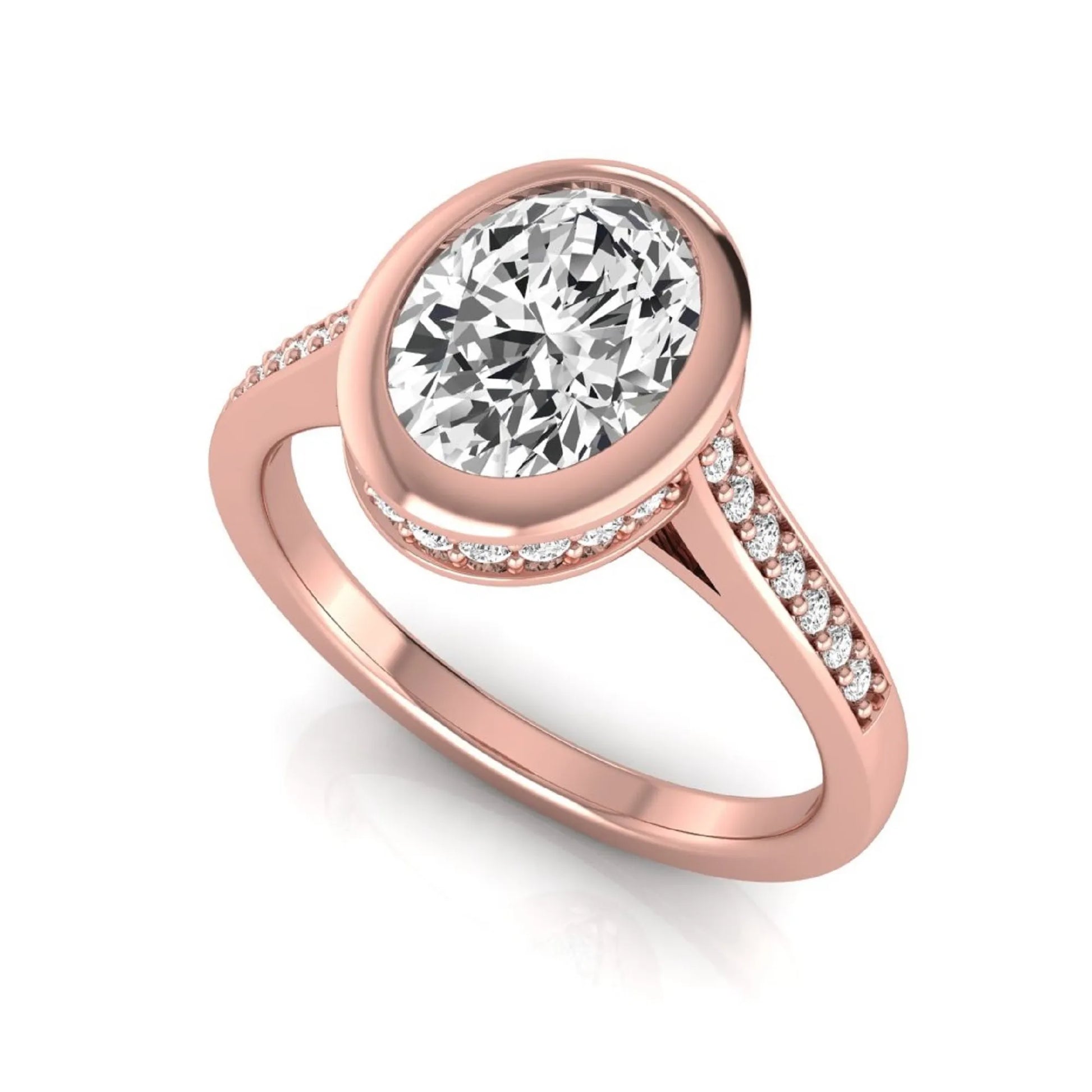 Oval cut lab grown diamond engagement ring featuring a 1.21 carat IGI certified center diamond in a modern bezel setting with pavé diamond shoulders and a polished rose gold band.