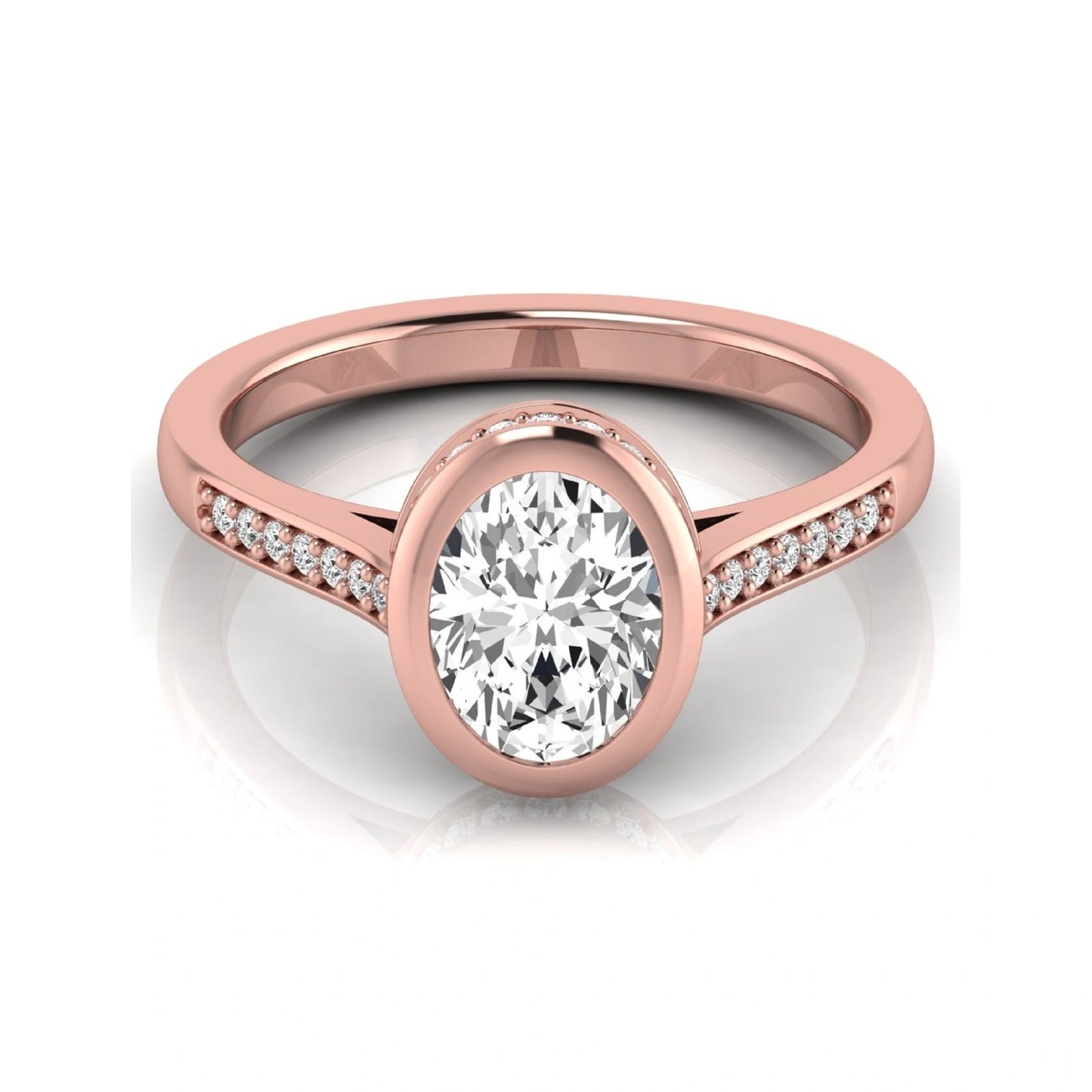 Oval cut lab grown diamond engagement ring featuring a 1.21 carat IGI certified center diamond in a modern bezel setting with pavé diamond shoulders and a polished rose gold band.