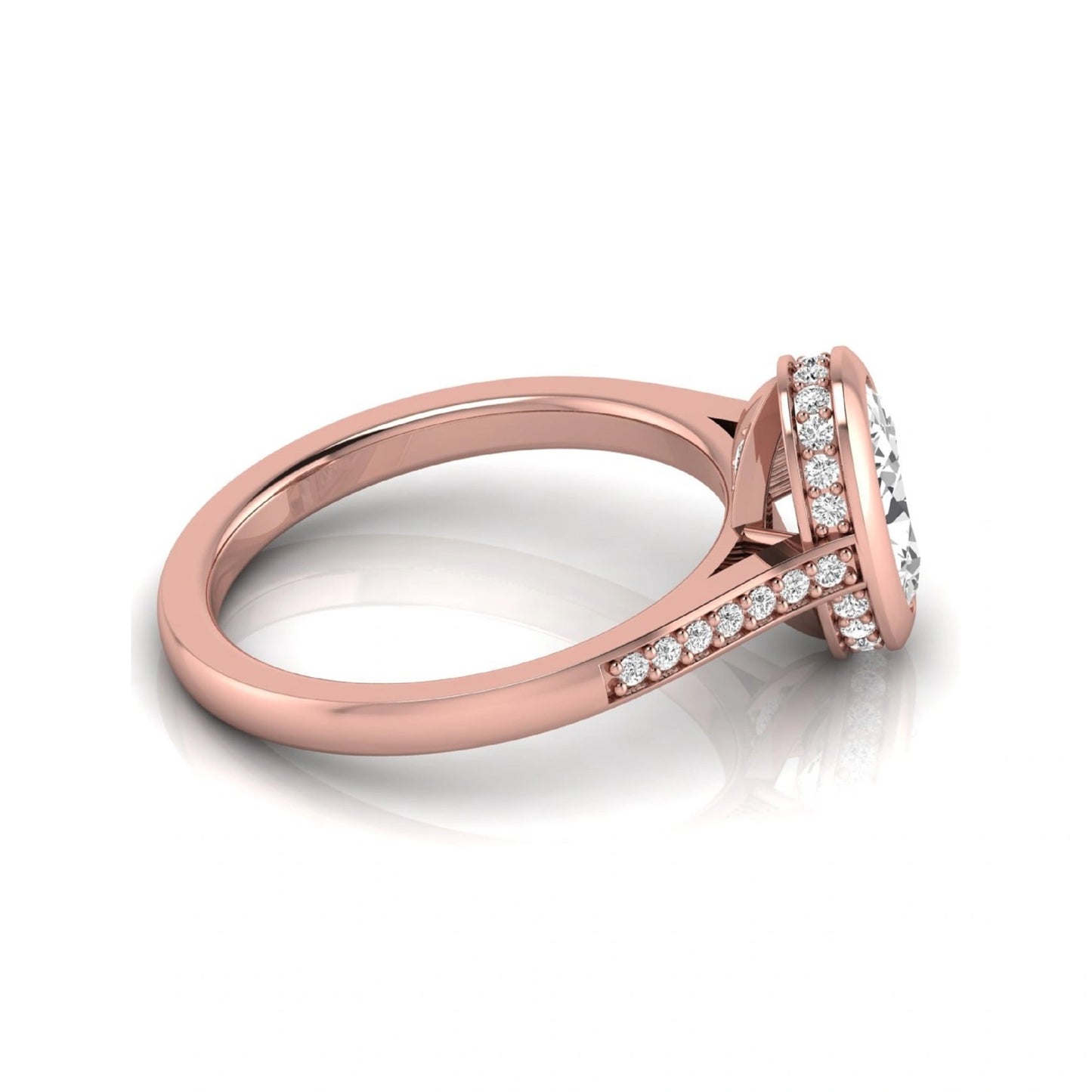 Oval cut lab grown diamond engagement ring featuring a 1.21 carat IGI certified center diamond in a modern bezel setting with pavé diamond shoulders and a polished rose gold band.