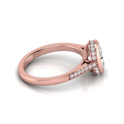 Oval cut lab grown diamond engagement ring featuring a 1.21 carat IGI certified center diamond in a modern bezel setting with pavé diamond shoulders and a polished rose gold band.