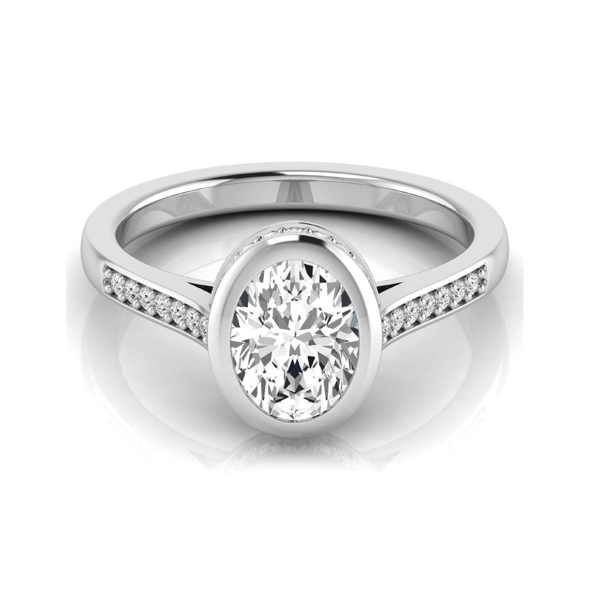 Oval cut lab grown diamond engagement ring featuring a 1.21 carat IGI certified center diamond in a modern bezel setting with pavé diamond shoulders and a polished white gold band.