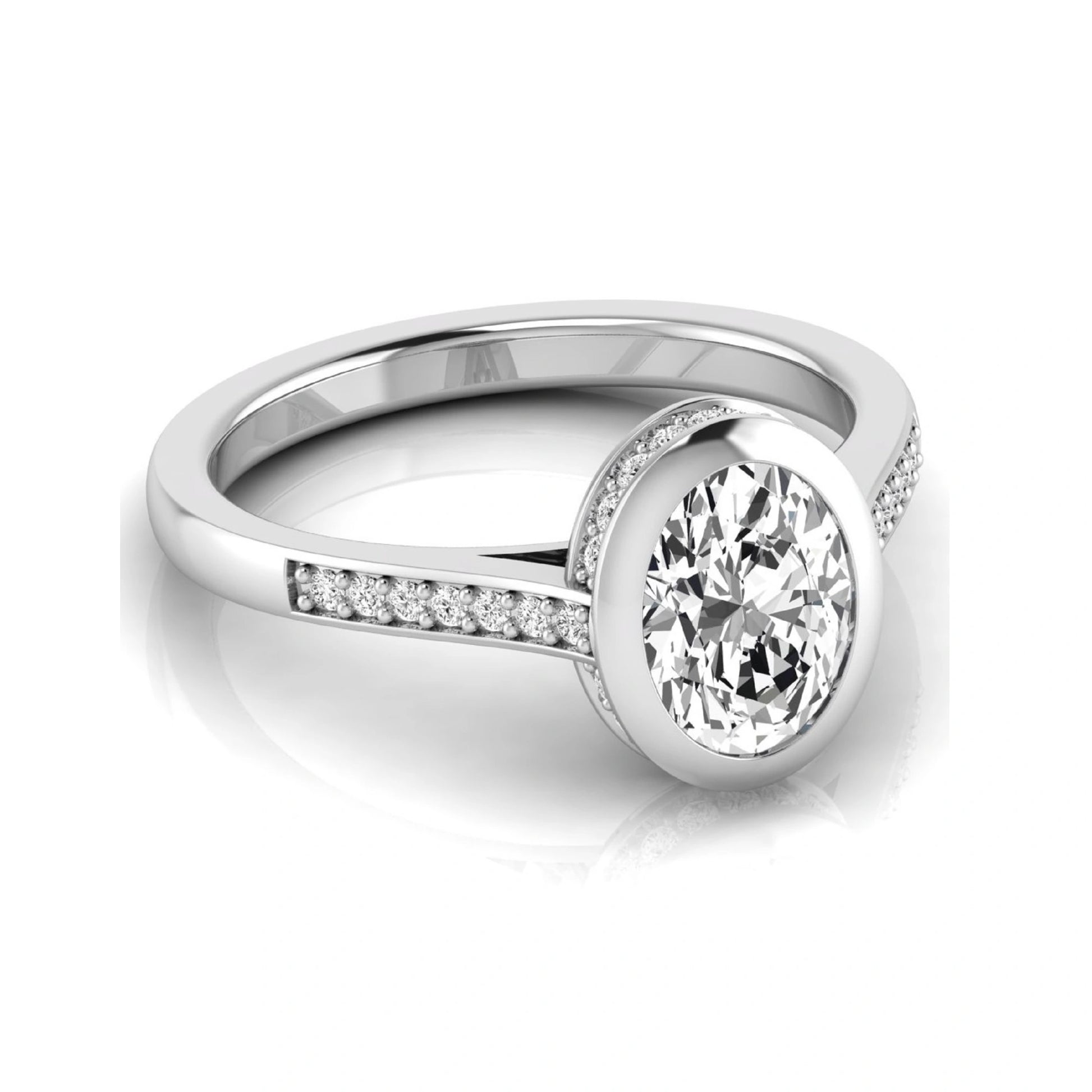 Oval cut lab grown diamond engagement ring featuring a 1.21 carat IGI certified center diamond in a modern bezel setting with pavé diamond shoulders and a polished white gold band.