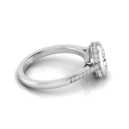Oval cut lab grown diamond engagement ring featuring a 1.21 carat IGI certified center diamond in a modern bezel setting with pavé diamond shoulders and a polished white gold band.