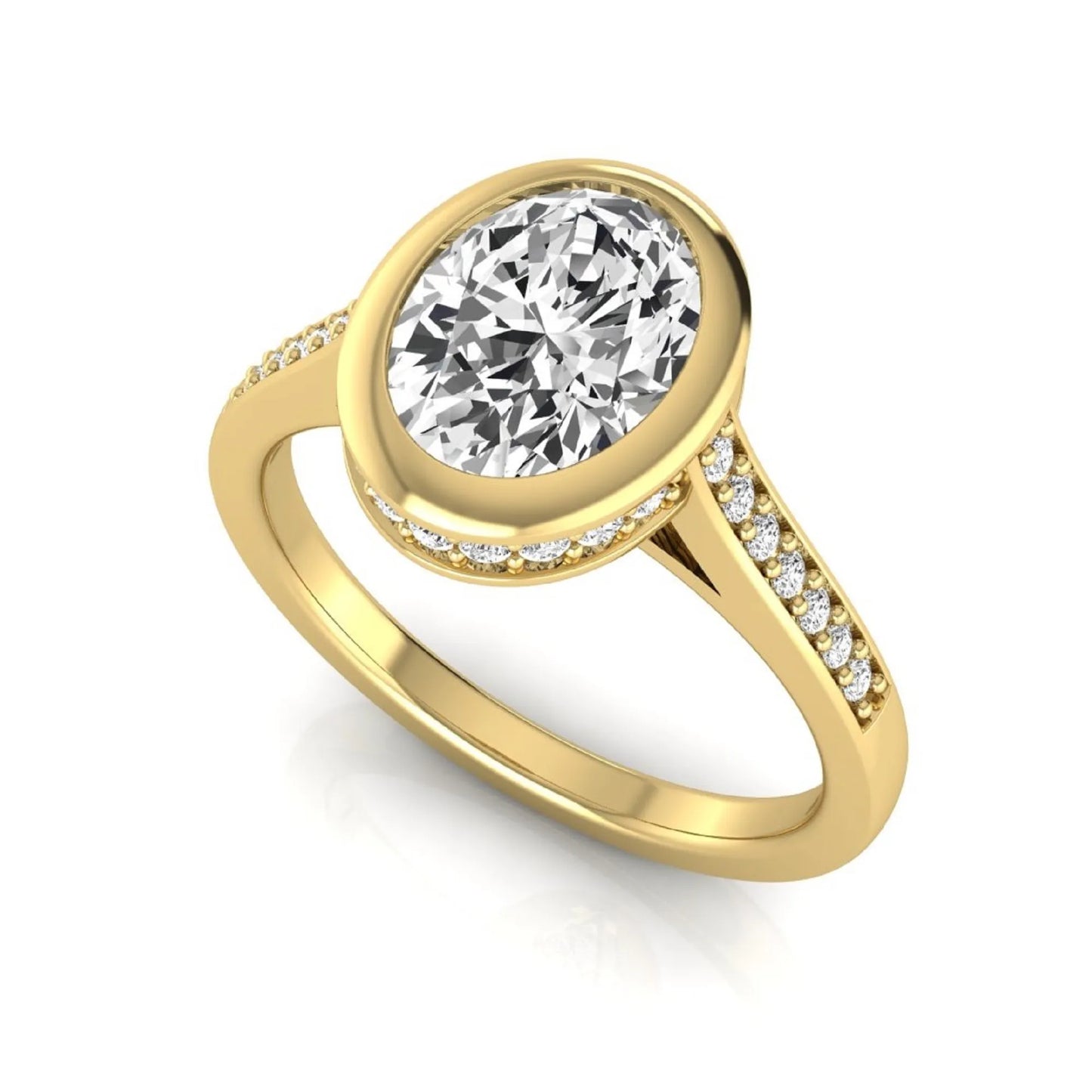 Oval cut lab grown diamond engagement ring featuring a 1.21 carat IGI certified center diamond in a modern bezel setting with pavé diamond shoulders and a polished yellow gold band.