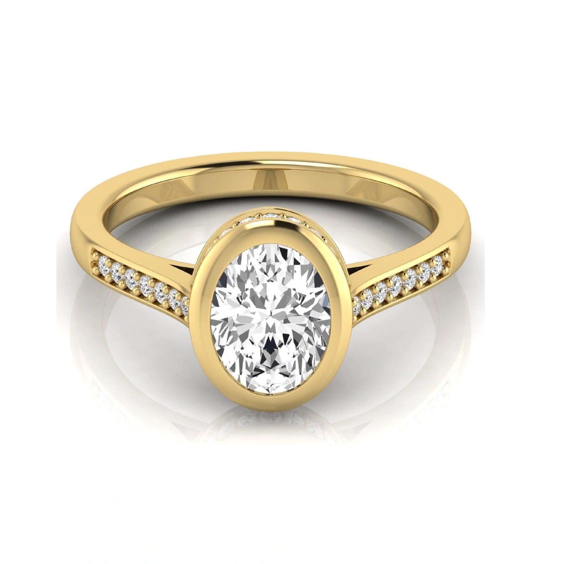 Oval cut lab grown diamond engagement ring featuring a 1.21 carat IGI certified center diamond in a modern bezel setting with pavé diamond shoulders and a polished yellow gold band.