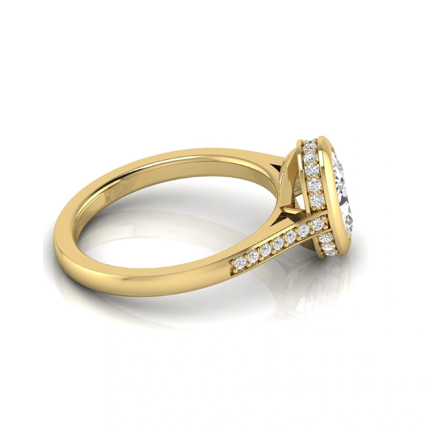 Oval cut lab grown diamond engagement ring featuring a 1.21 carat IGI certified center diamond in a modern bezel setting with pavé diamond shoulders and a polished yellow gold band.