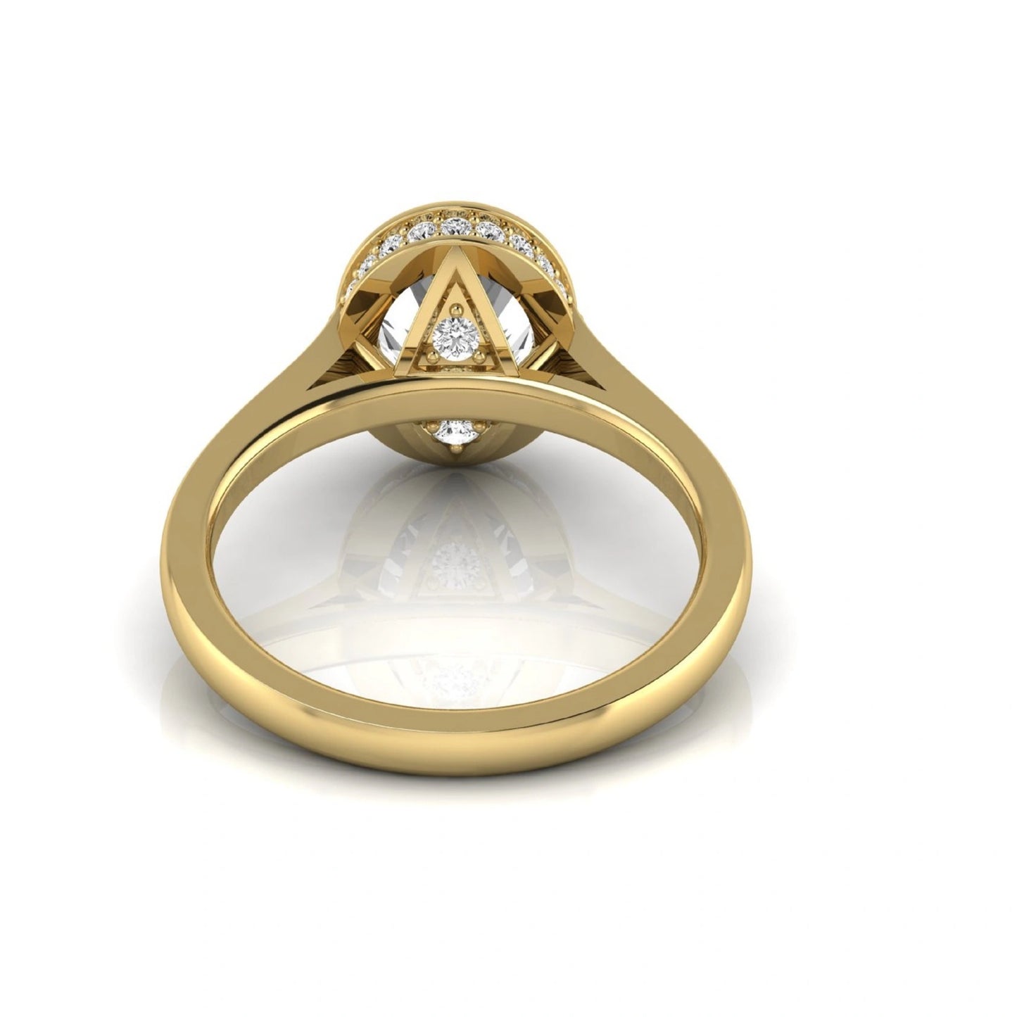 Oval cut lab grown diamond engagement ring featuring a 1.21 carat IGI certified center diamond in a modern bezel setting with pavé diamond shoulders and a polished yellow gold band.