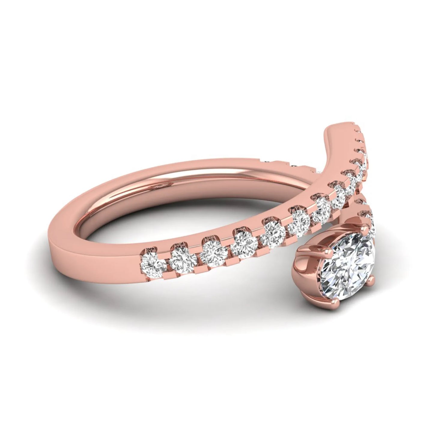Oval cut lab grown diamond bypass engagement ring with round pavé accent diamonds in a four-prong setting in rose gold