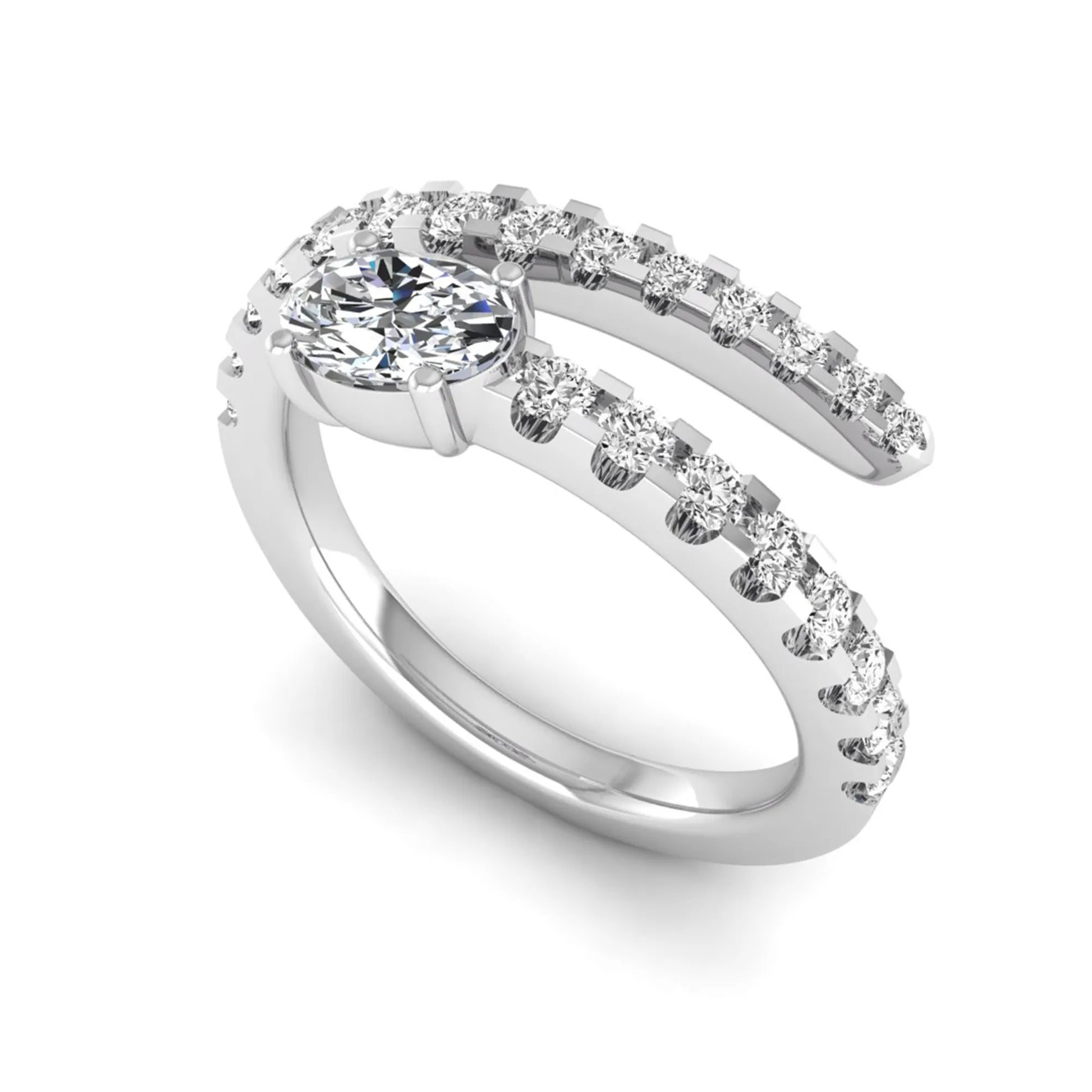 Oval cut lab grown diamond bypass engagement ring with round pavé accent diamonds in a four-prong setting in white gold