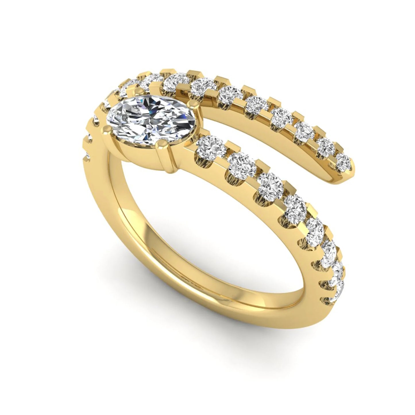 Oval cut lab grown diamond bypass engagement ring with round pavé accent diamonds in a four-prong setting in yellow gold