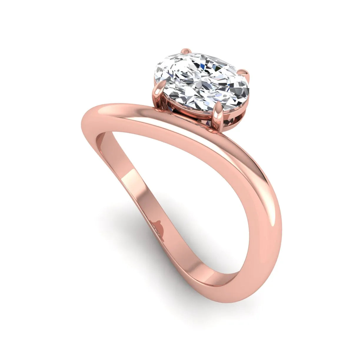 Oval cut lab grown diamond curved solitaire engagement ring with a four-prong setting in rose gold