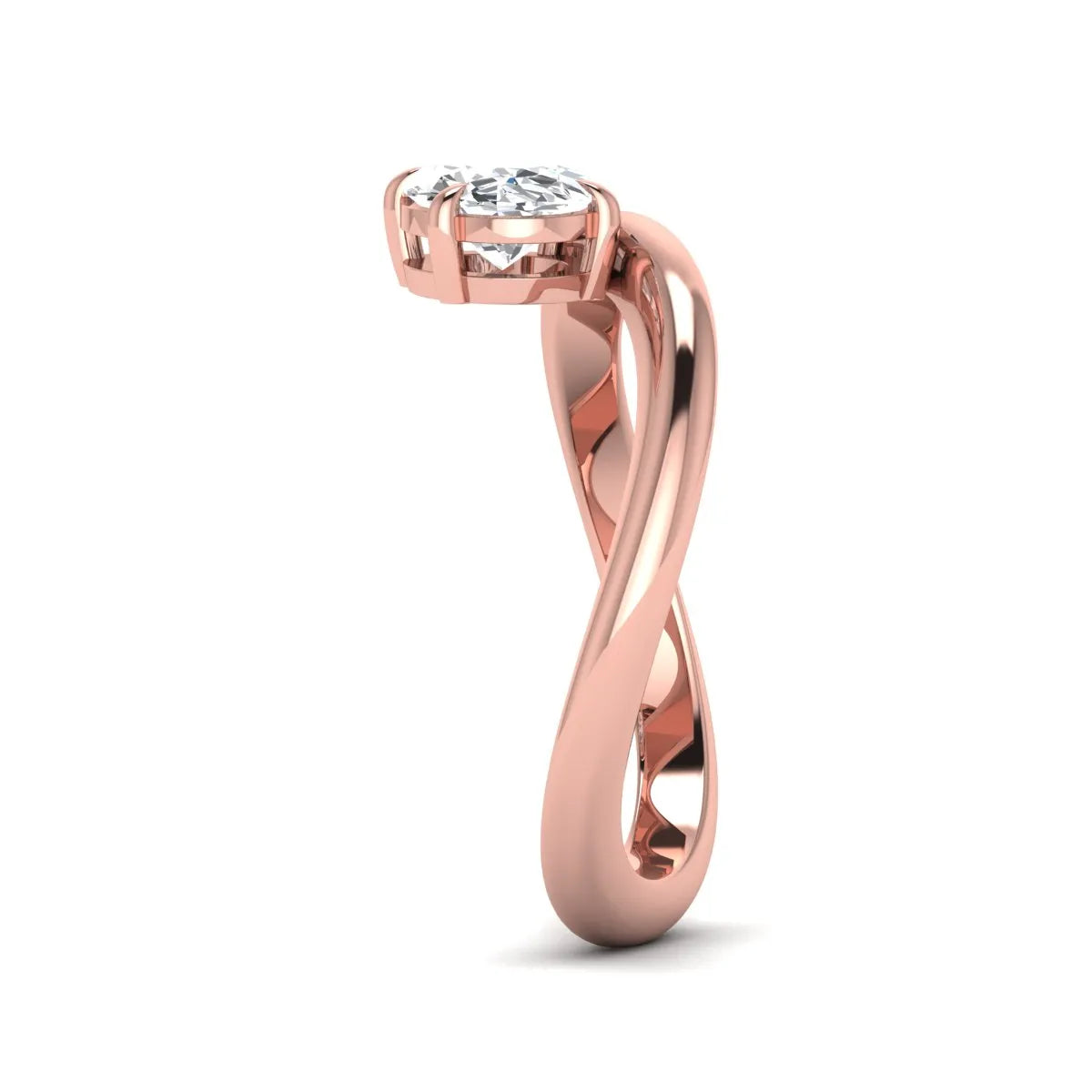 Oval cut lab grown diamond curved solitaire engagement ring with a four-prong setting in rose gold