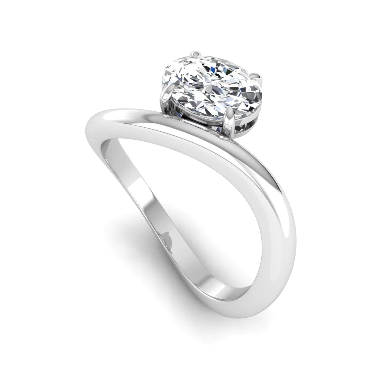Oval cut lab grown diamond curved solitaire engagement ring with a four-prong setting in white gold