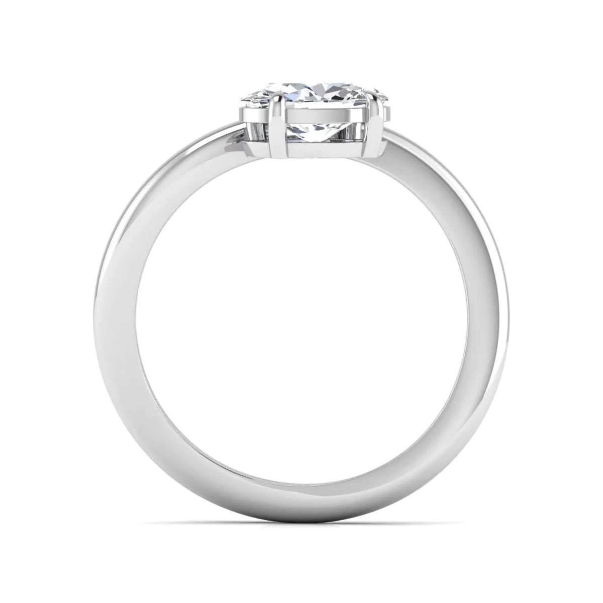 Oval cut lab grown diamond curved solitaire engagement ring with a four-prong setting in white gold