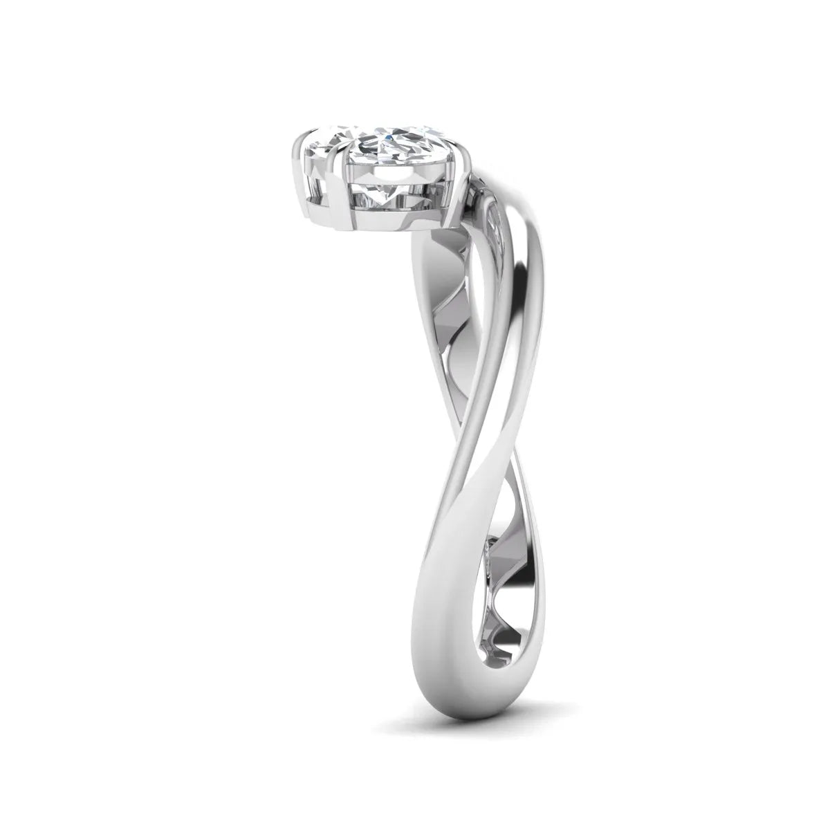 Oval cut lab grown diamond curved solitaire engagement ring with a four-prong setting in white gold