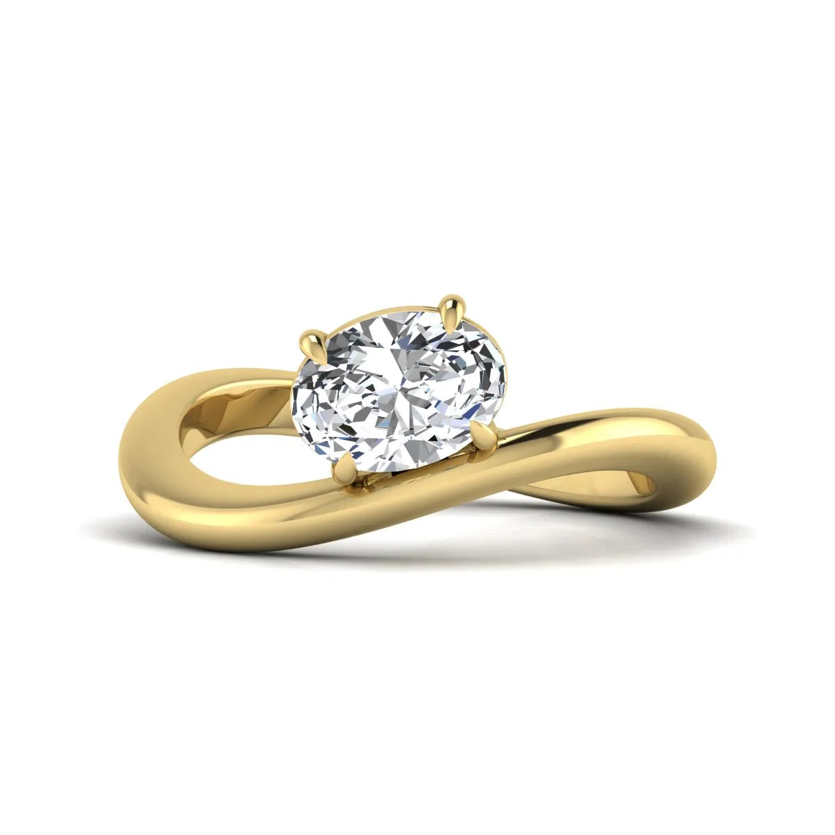 Oval cut lab grown diamond curved solitaire engagement ring with a four-prong setting in yellow gold