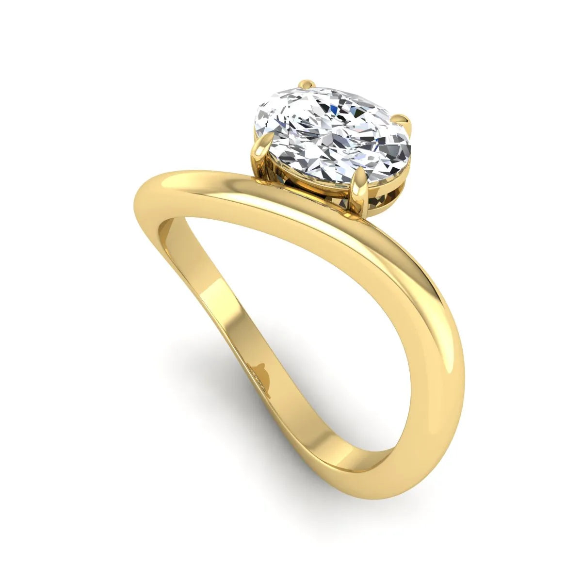 Oval cut lab grown diamond curved solitaire engagement ring with a four-prong setting in yellow gold